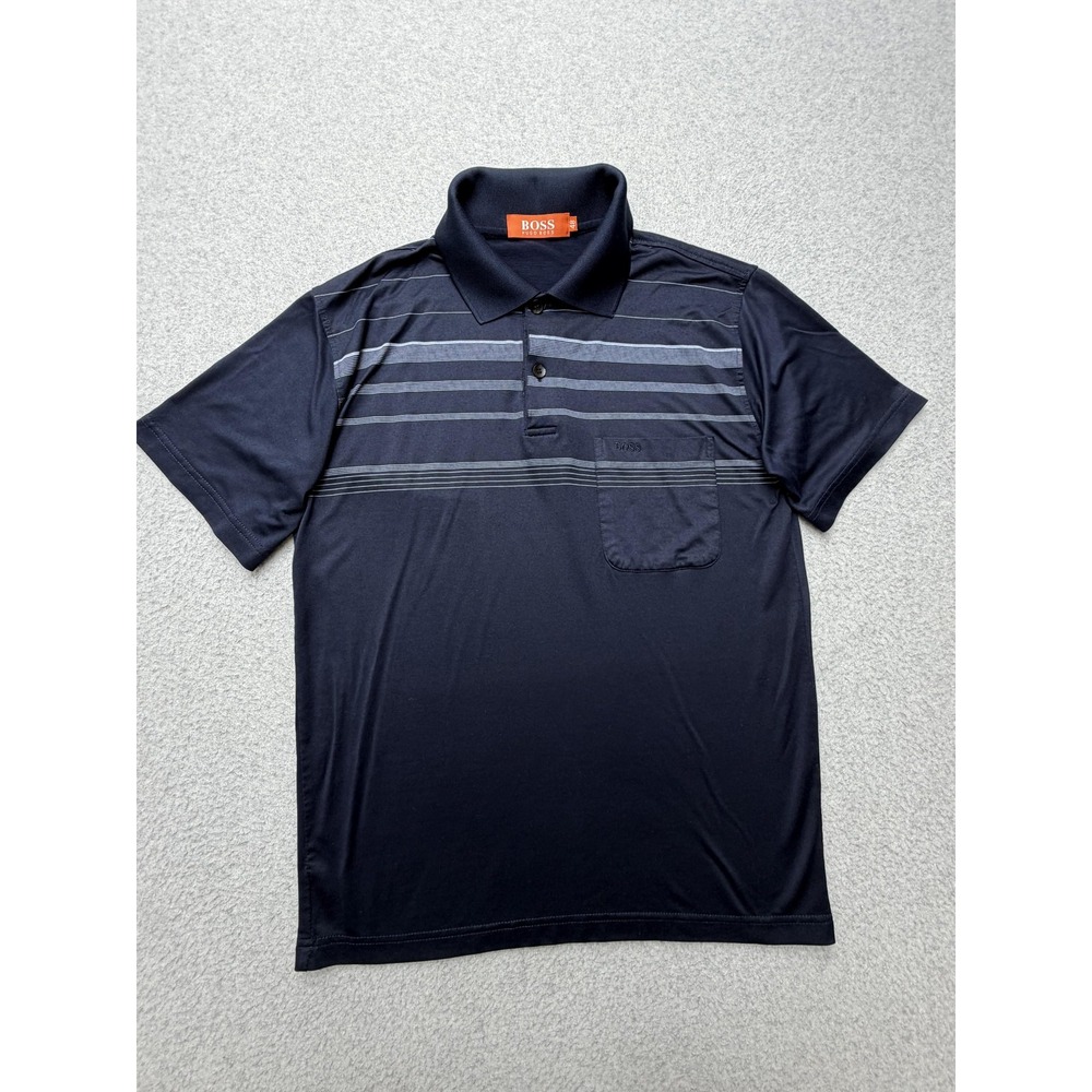 Boss Hugo Boss Polo Shirt Mens EU 48 Blue Stripe Cotton Pocket Logo Casual